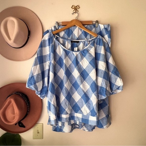 LANE BRYANT Crop Balloon-Sleeve Top & midi skirt set LINEN Lattice Check SIZE 22 - Picture 5 of 15